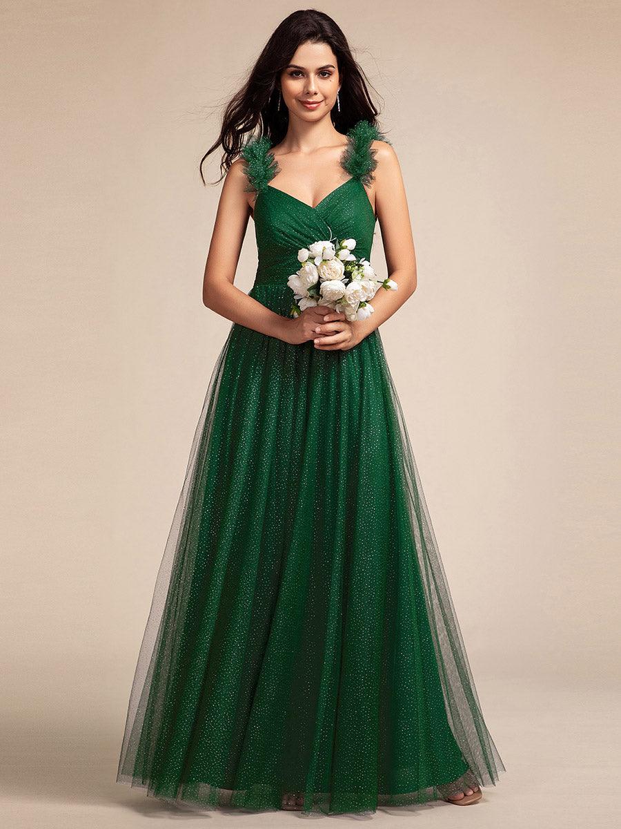 Robe longue de demoiselle d'honneur plissée sans manches à paillettes #Couleur_Vert Fonce