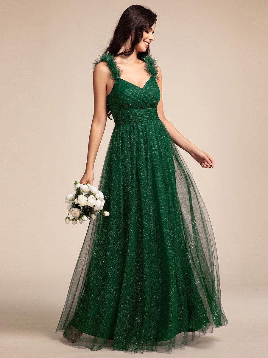 Robe longue de demoiselle d'honneur plissée sans manches à paillettes #Couleur_Vert Fonce