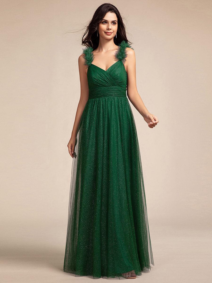 Robe longue de demoiselle d'honneur plissée sans manches à paillettes #Couleur_Vert Fonce