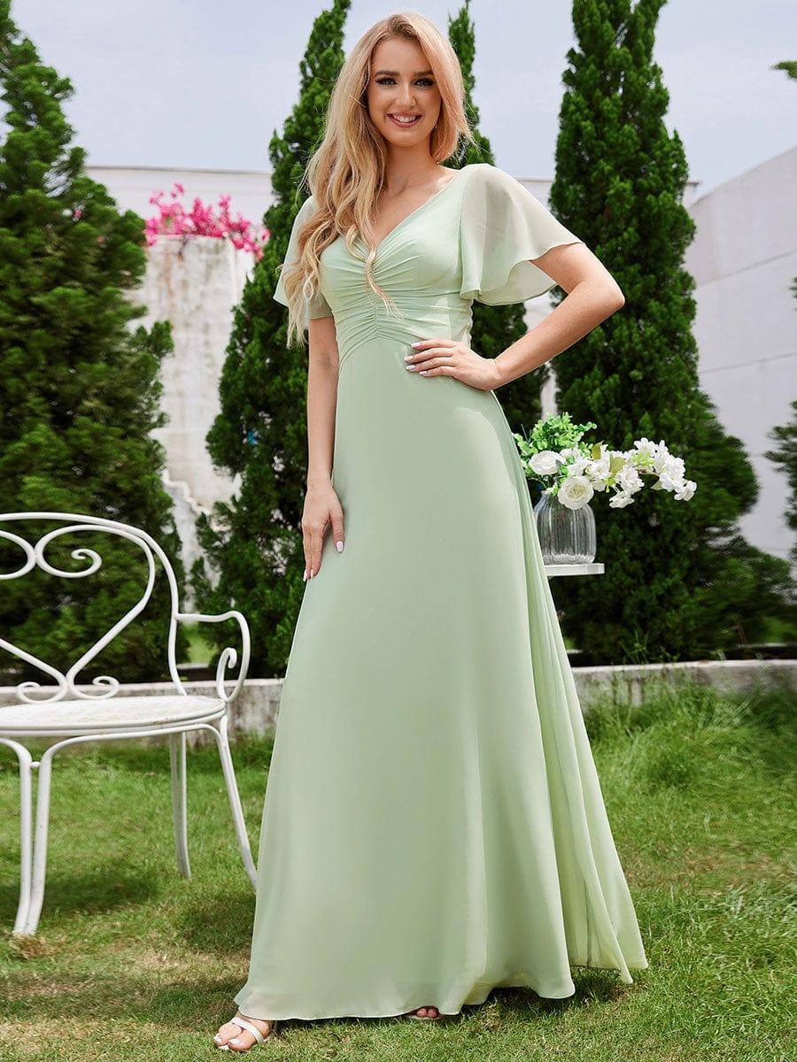 Robe de demoiselle d'honneur trapèze en mousseline à manches volantées avec plis à col en V #Couleur_Menthe Verte