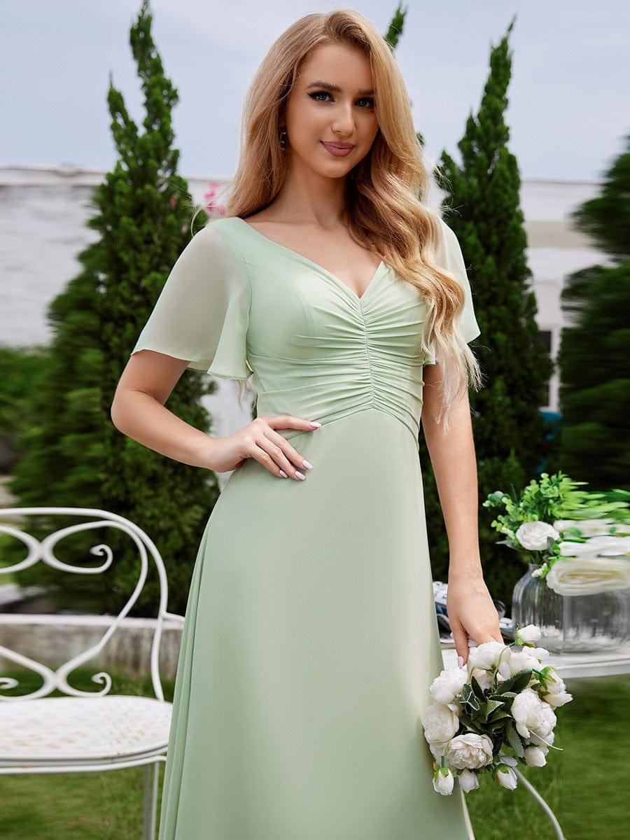 Robe de demoiselle d'honneur trapèze en mousseline à manches volantées avec plis à col en V #Couleur_Menthe Verte