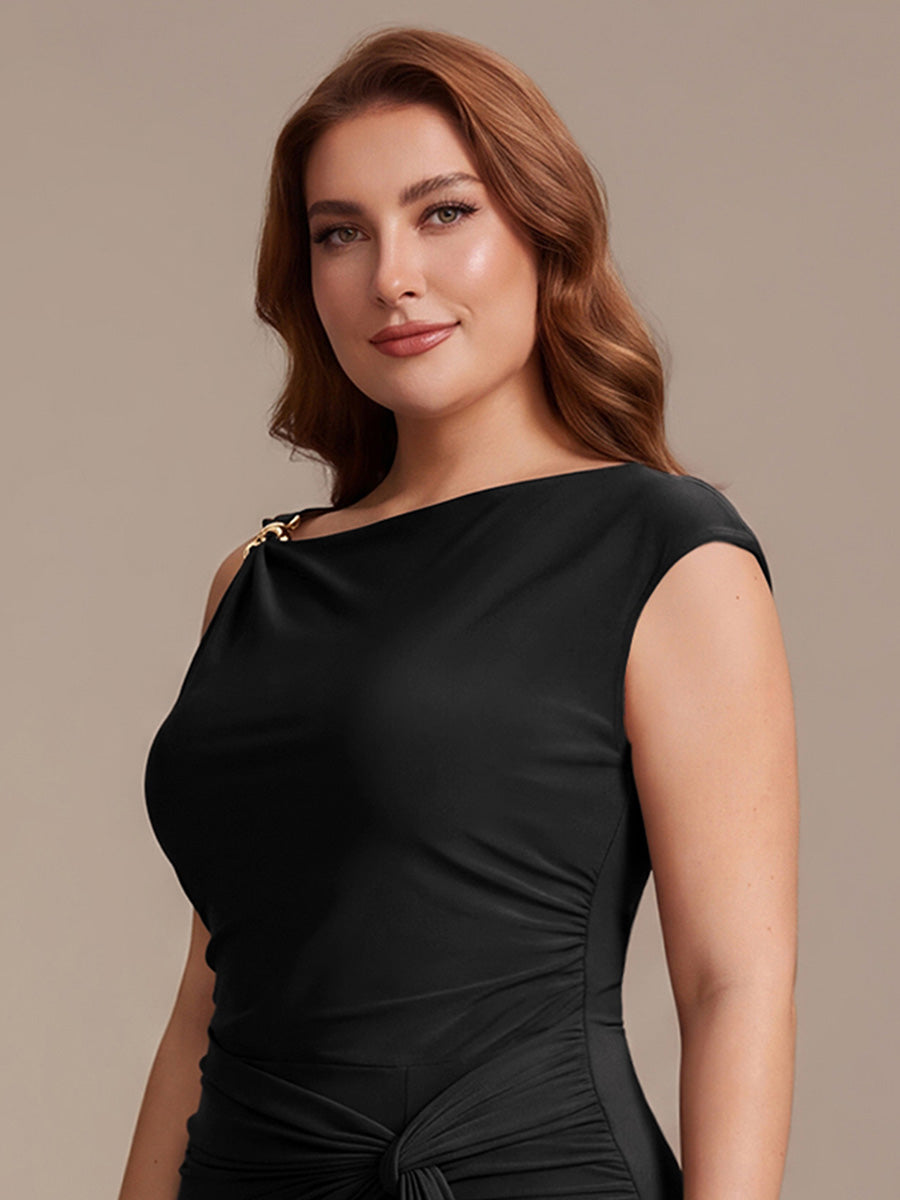 Robe courte à manches courtes extensible sans manches avec encolure asymétrique #Couleur_Noir