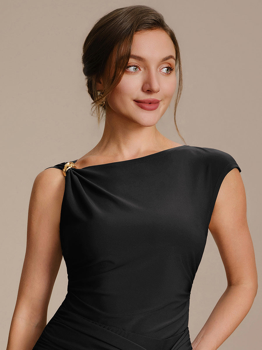 Robe courte à manches courtes extensible sans manches avec encolure asymétrique #Couleur_Noir