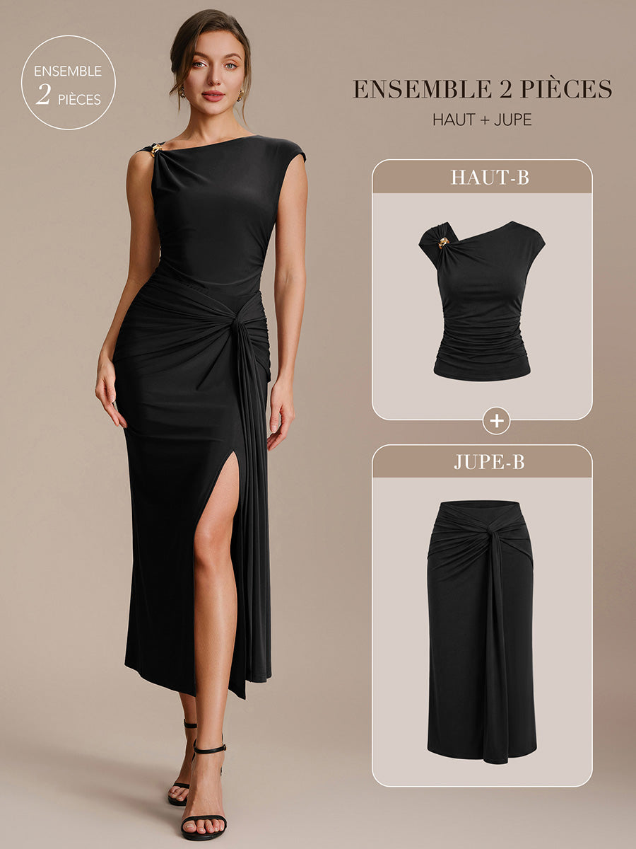 Robe midi bodycon à détail nœud et haute élasticité #Couleur_Noir