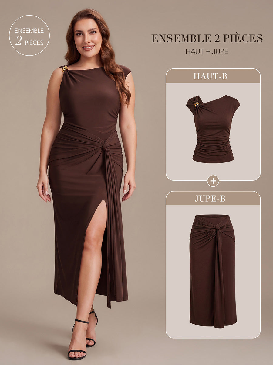 Robe midi bodycon à détail nœud et haute élasticité #Couleur_Marron chocolat