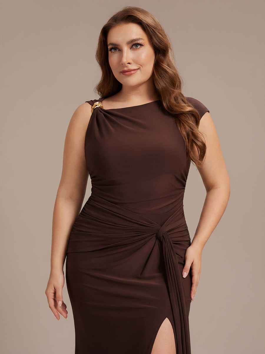 Robe courte à manches courtes extensible sans manches avec encolure asymétrique #Couleur_Marron chocolat