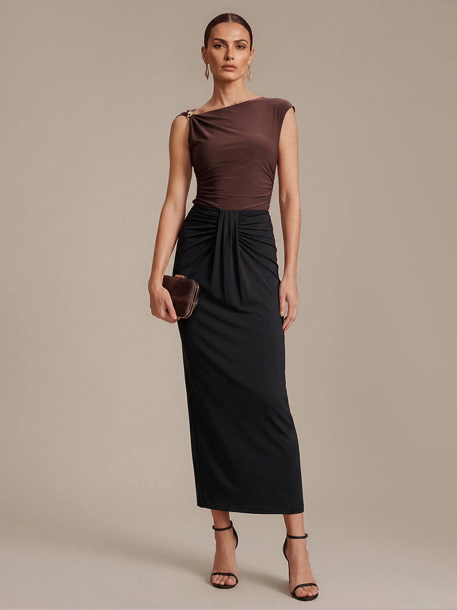 Robe courte à manches courtes extensible sans manches avec encolure asymétrique #Couleur_Marron chocolat