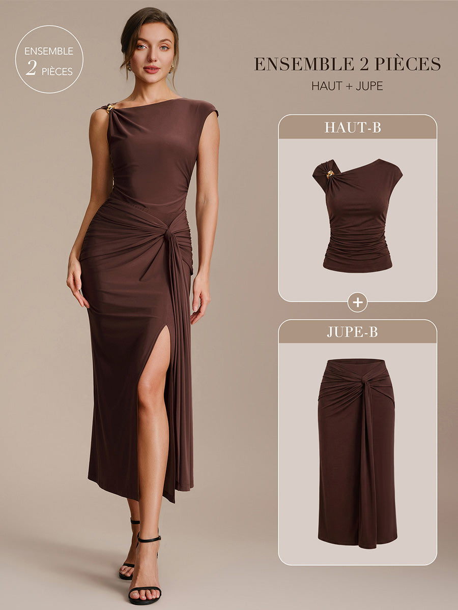 Robe midi bodycon à détail nœud et haute élasticité #Couleur_Marron chocolat