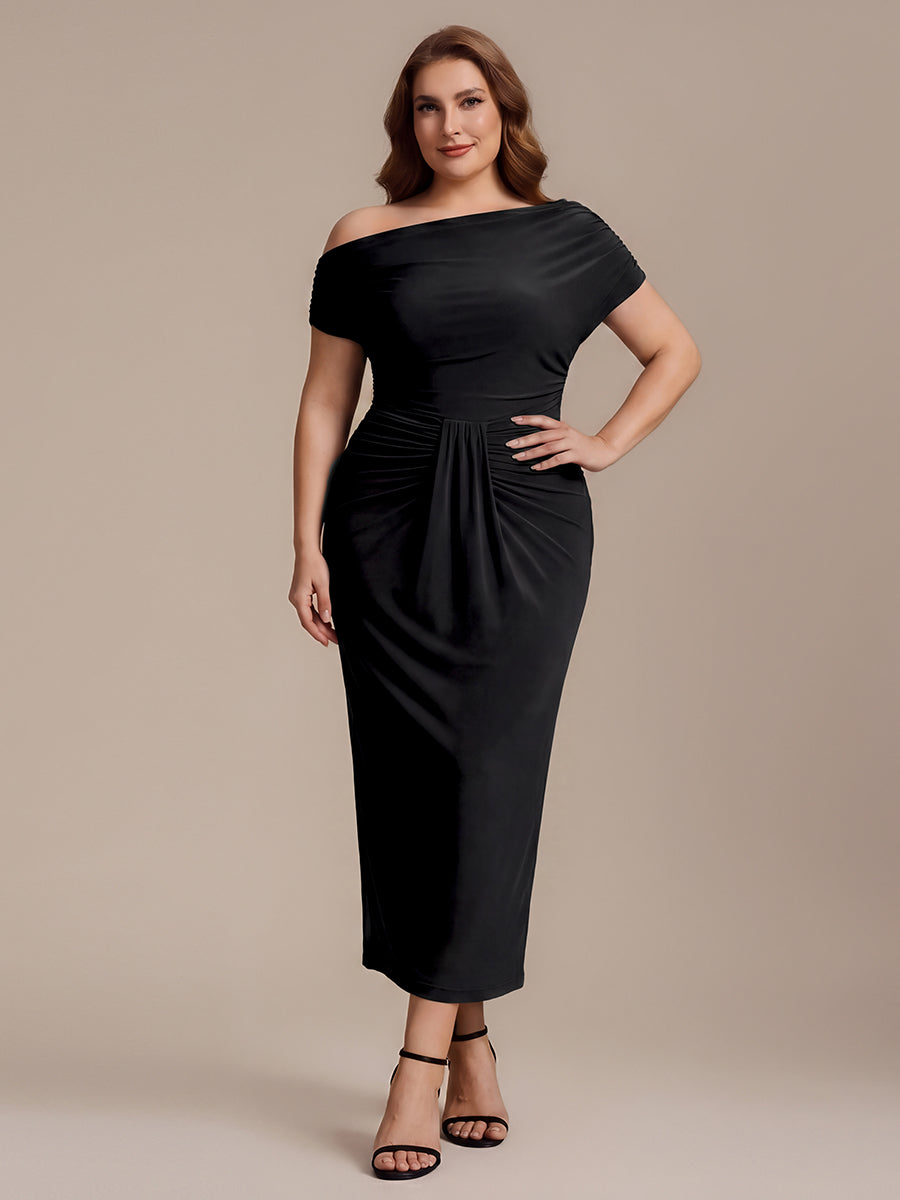 Robe midi A ligne très extensible à manches courtes dénudées élégante #Couleur_Noir