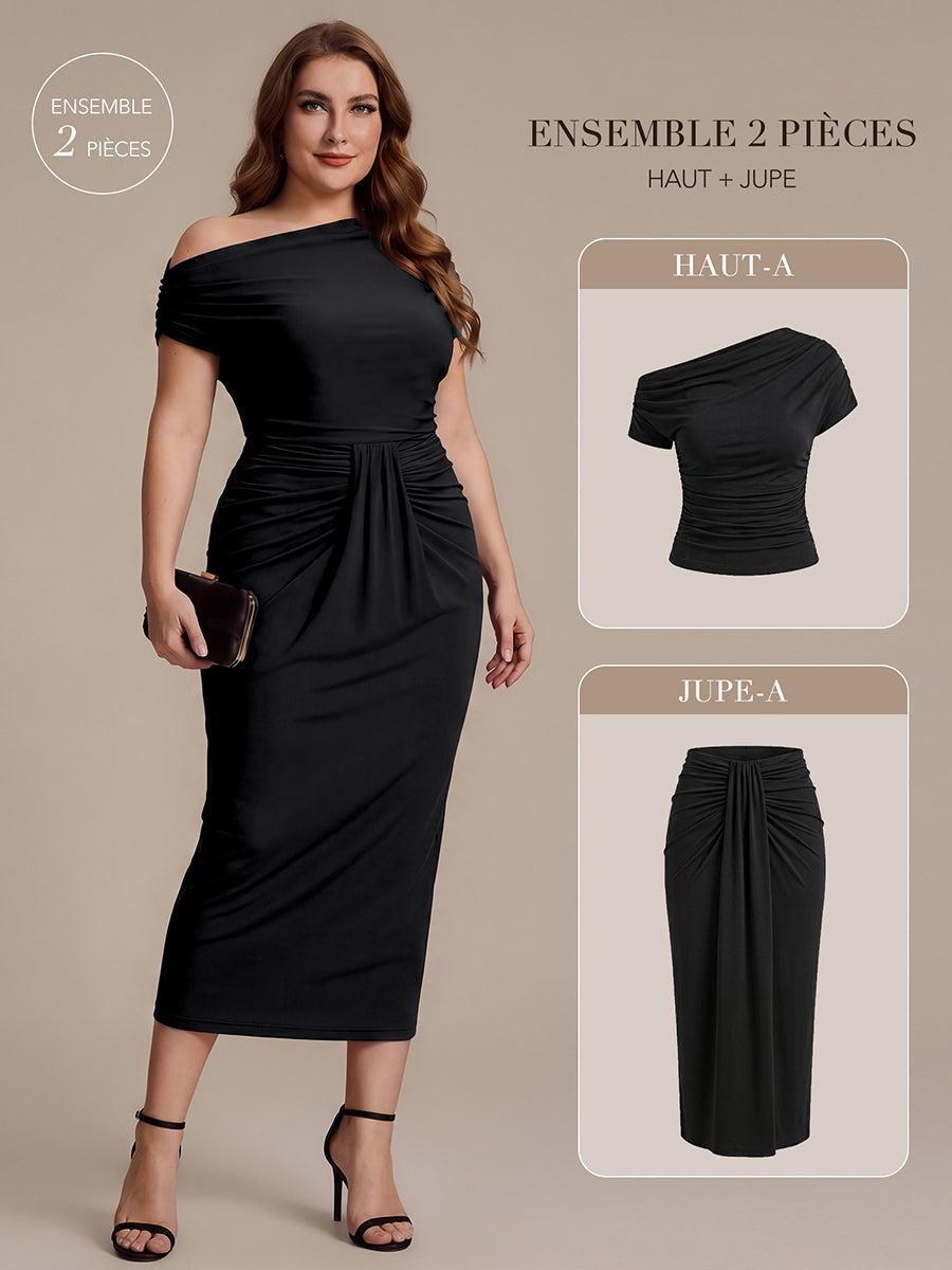 Robe midi A ligne très extensible à manches courtes dénudées élégante #Couleur_Noir