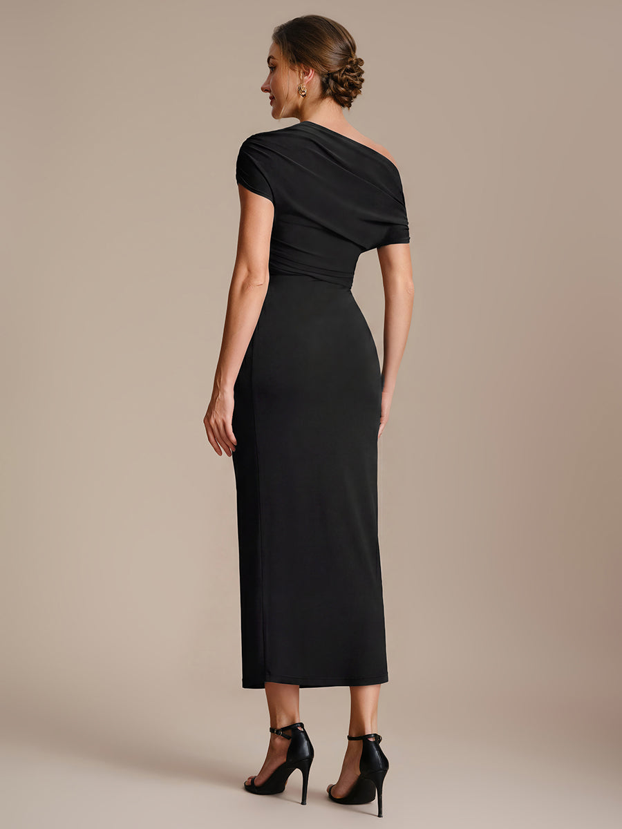 Robe midi A ligne très extensible à manches courtes dénudées élégante #Couleur_Noir