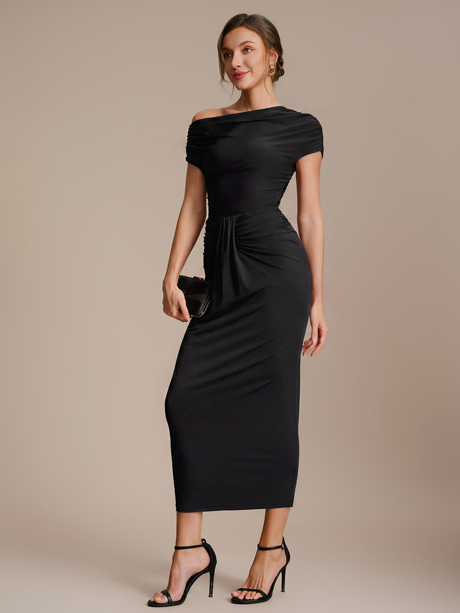 Robe midi A ligne très extensible à manches courtes dénudées élégante #Couleur_Noir