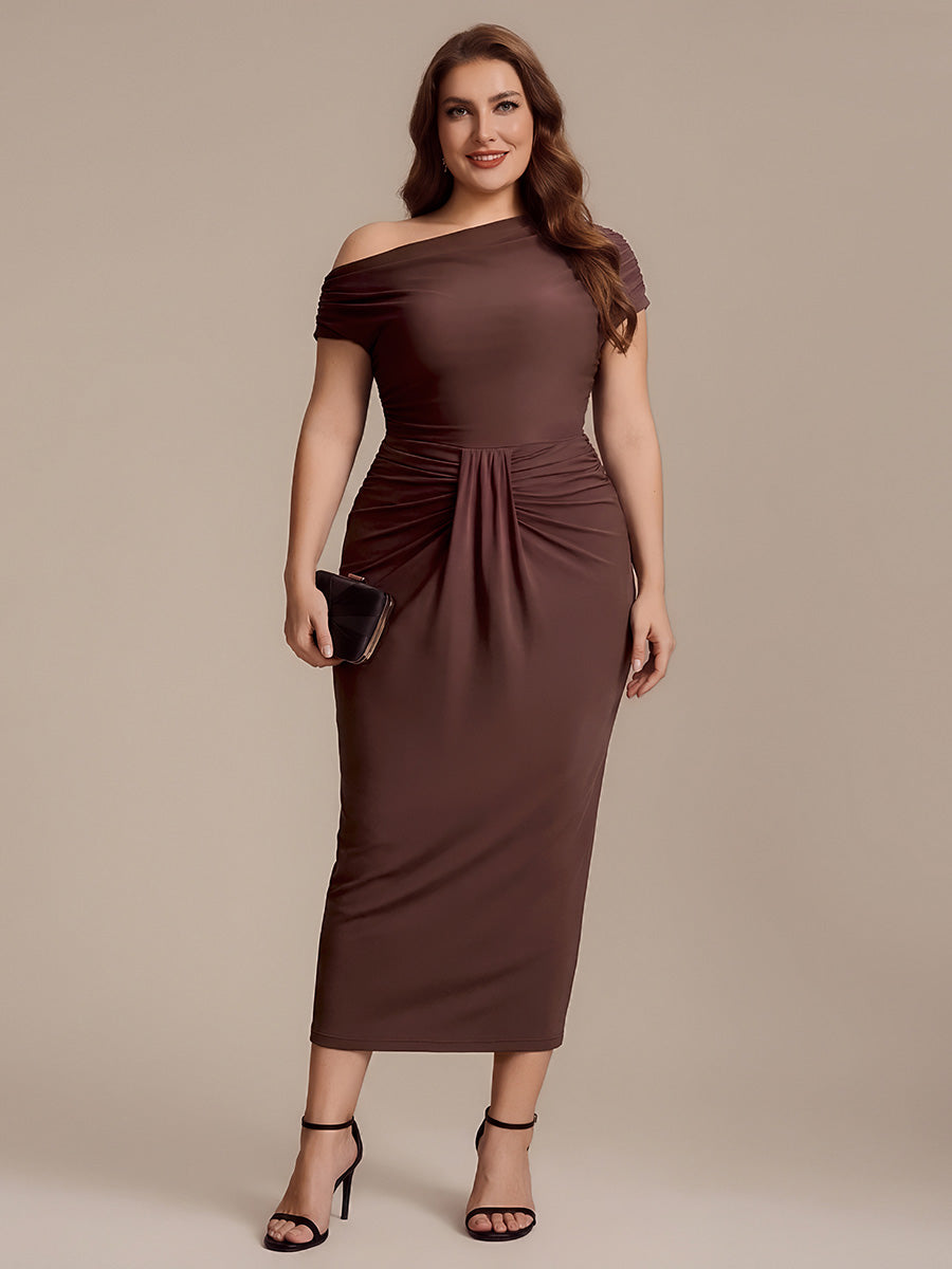 Robe midi A ligne très extensible à manches courtes dénudées élégante #Couleur_Marron chocolat