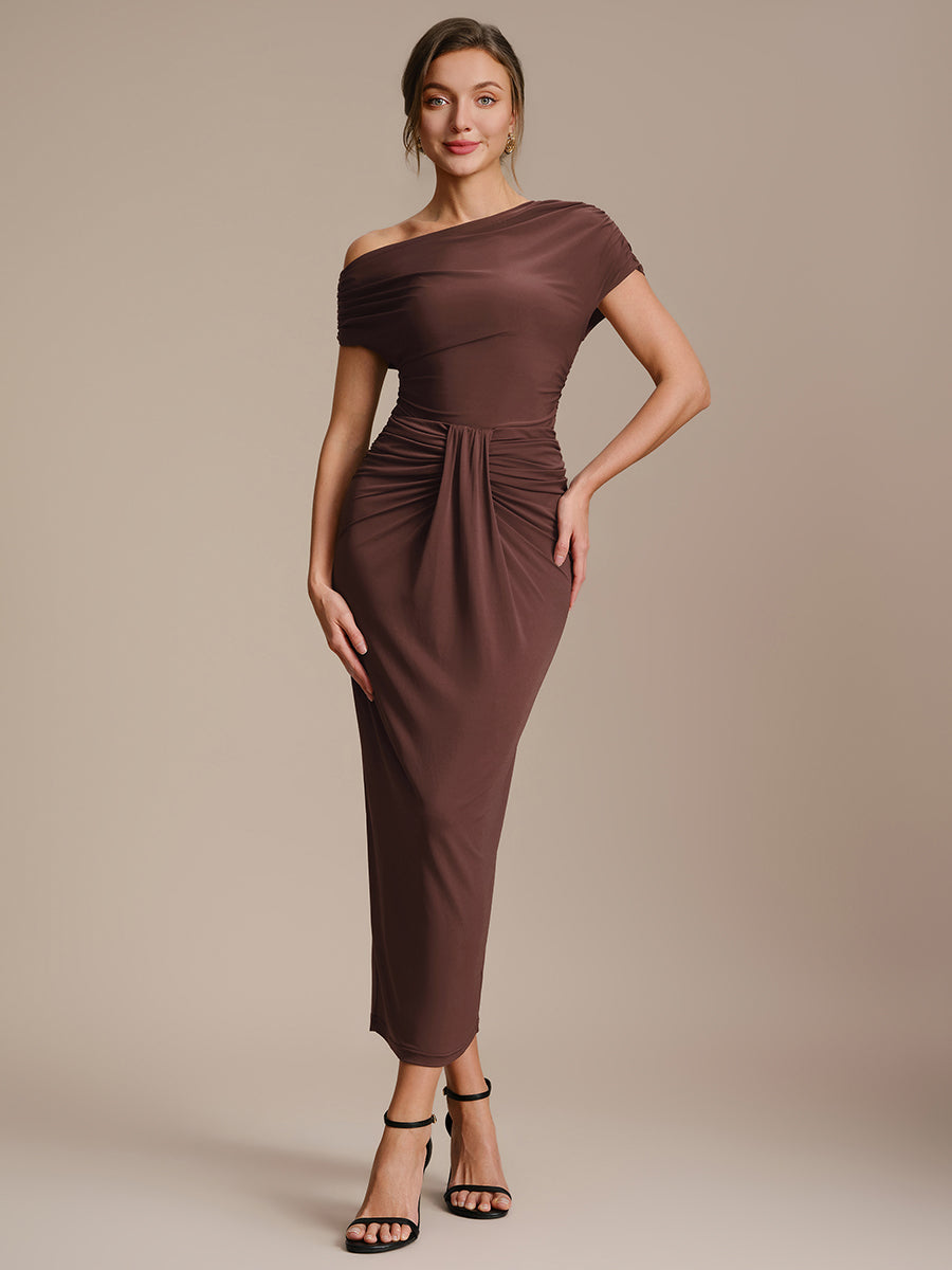 Robe midi A ligne très extensible à manches courtes dénudées élégante #Couleur_Marron chocolat