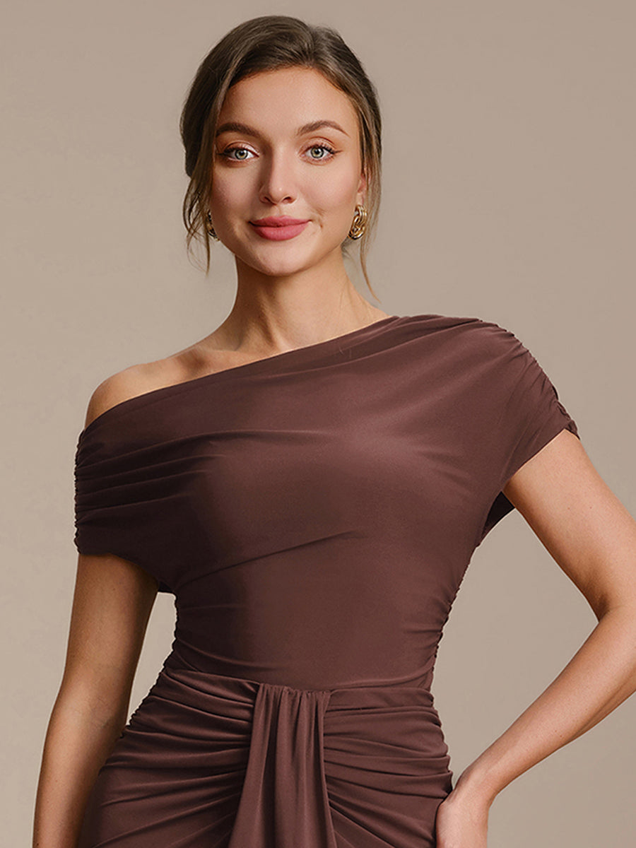 Robe midi A ligne très extensible à manches courtes dénudées élégante #Couleur_Marron chocolat
