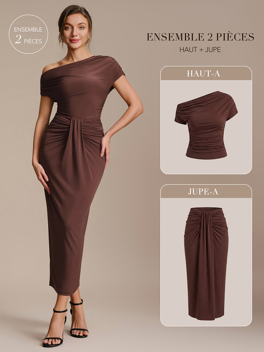Robe midi A ligne très extensible à manches courtes dénudées élégante #Couleur_Marron chocolat
