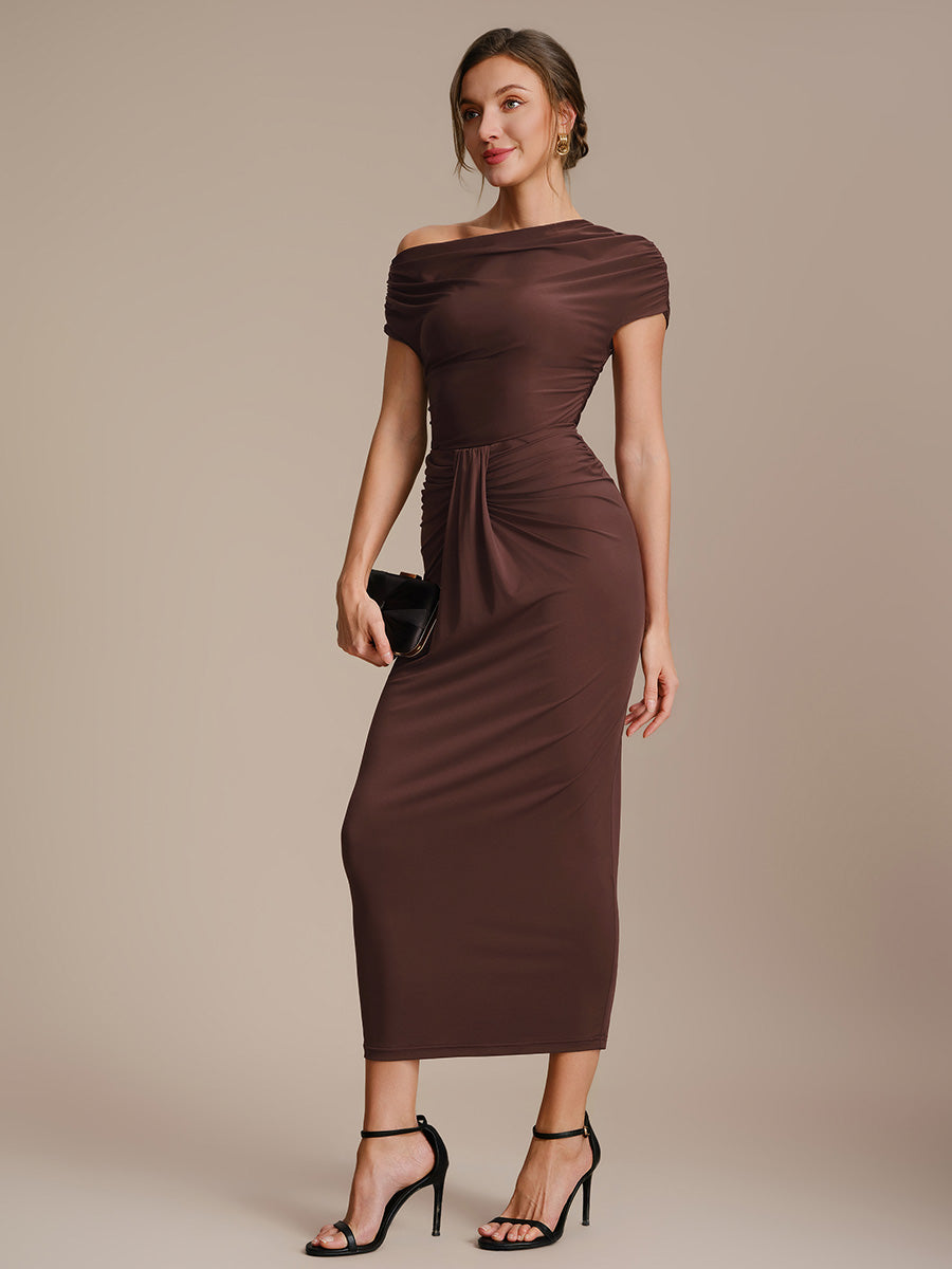 Robe midi A ligne très extensible à manches courtes dénudées élégante #Couleur_Marron chocolat