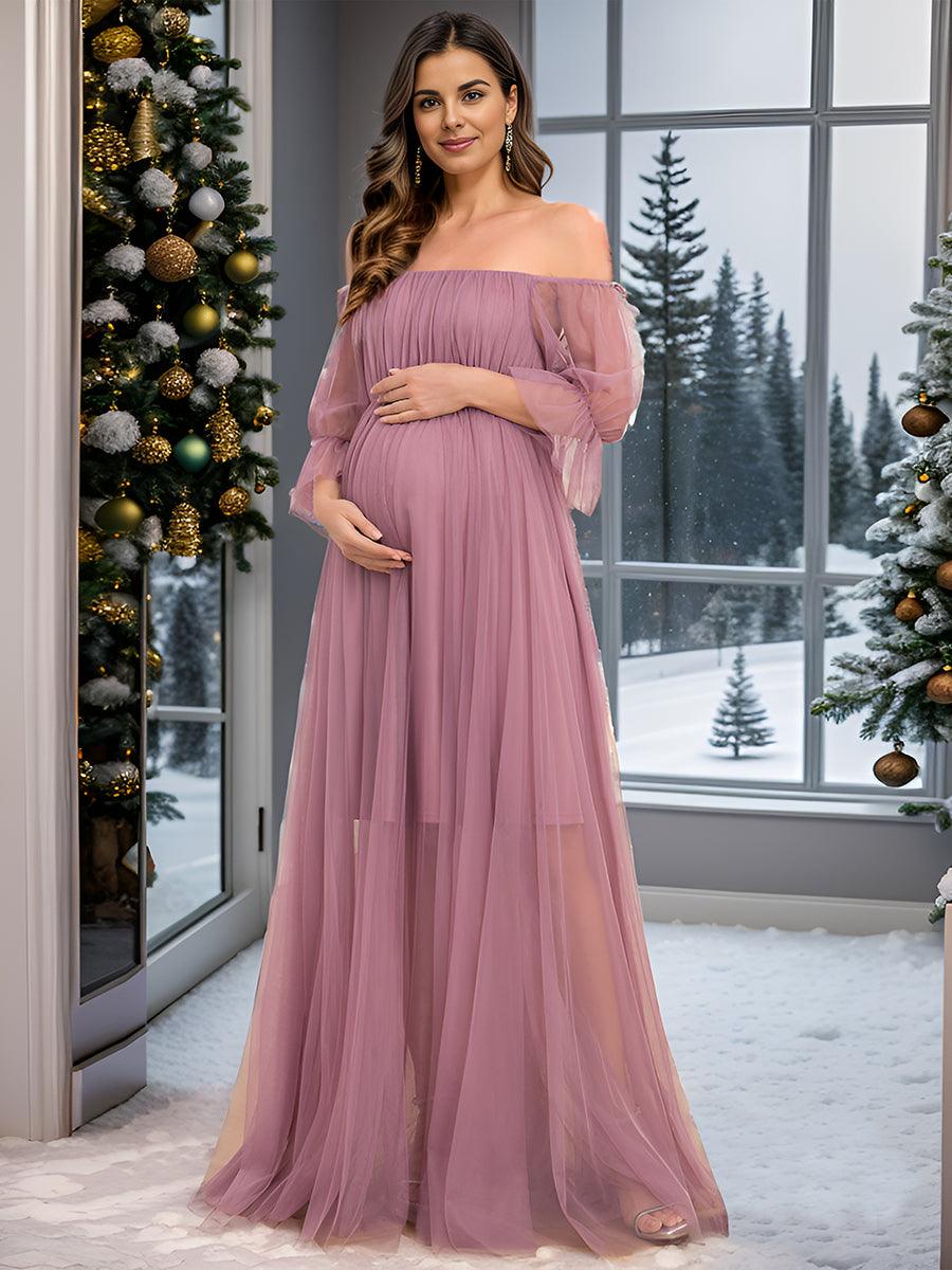 Maxi robe de maternité en tulle plissé à épaules dénudées #Couleur_Orchidee