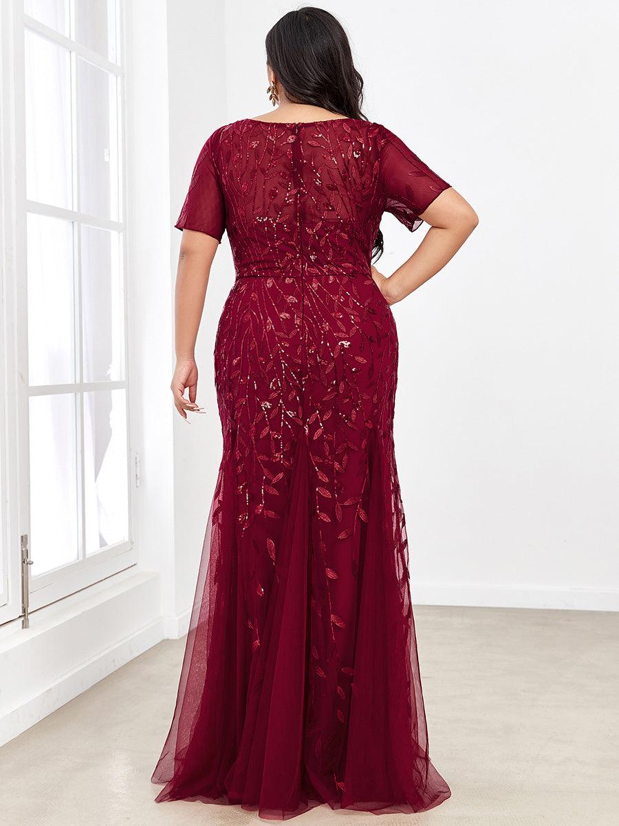 Robes de soirée Longues Sirène en Tulle à Imprimé Floral et Paillettes #Couleur_Bordeaux