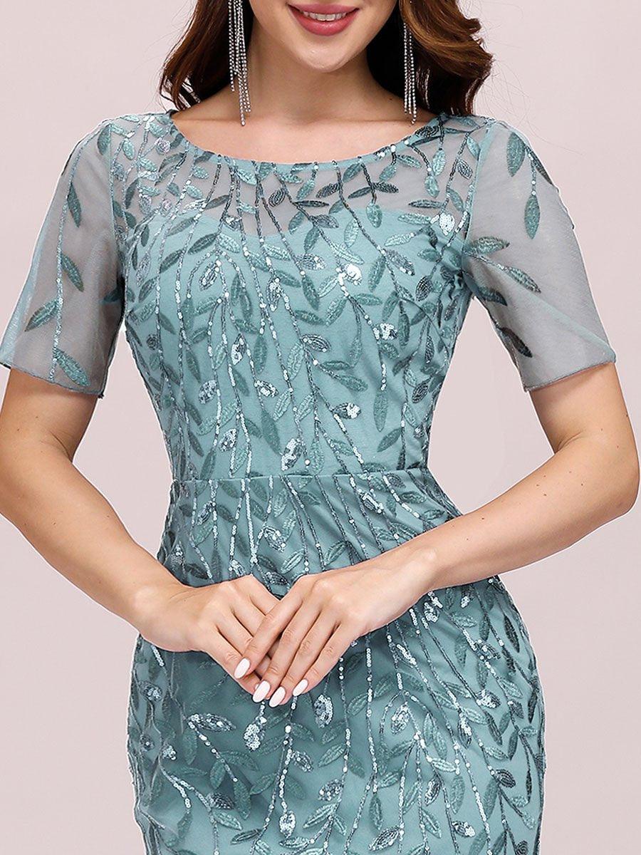 Robes de soirée Longues Sirène en Tulle à Imprimé Floral et Paillettes #Couleur_Bleu Fume
