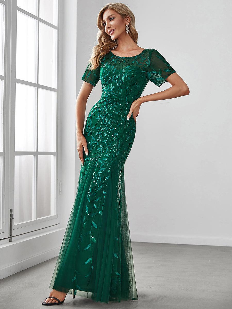 Taille personnalisée robes Longues Sirène en Tulle à Imprimé Floral et Paillettes #couleur_Vert Fonce