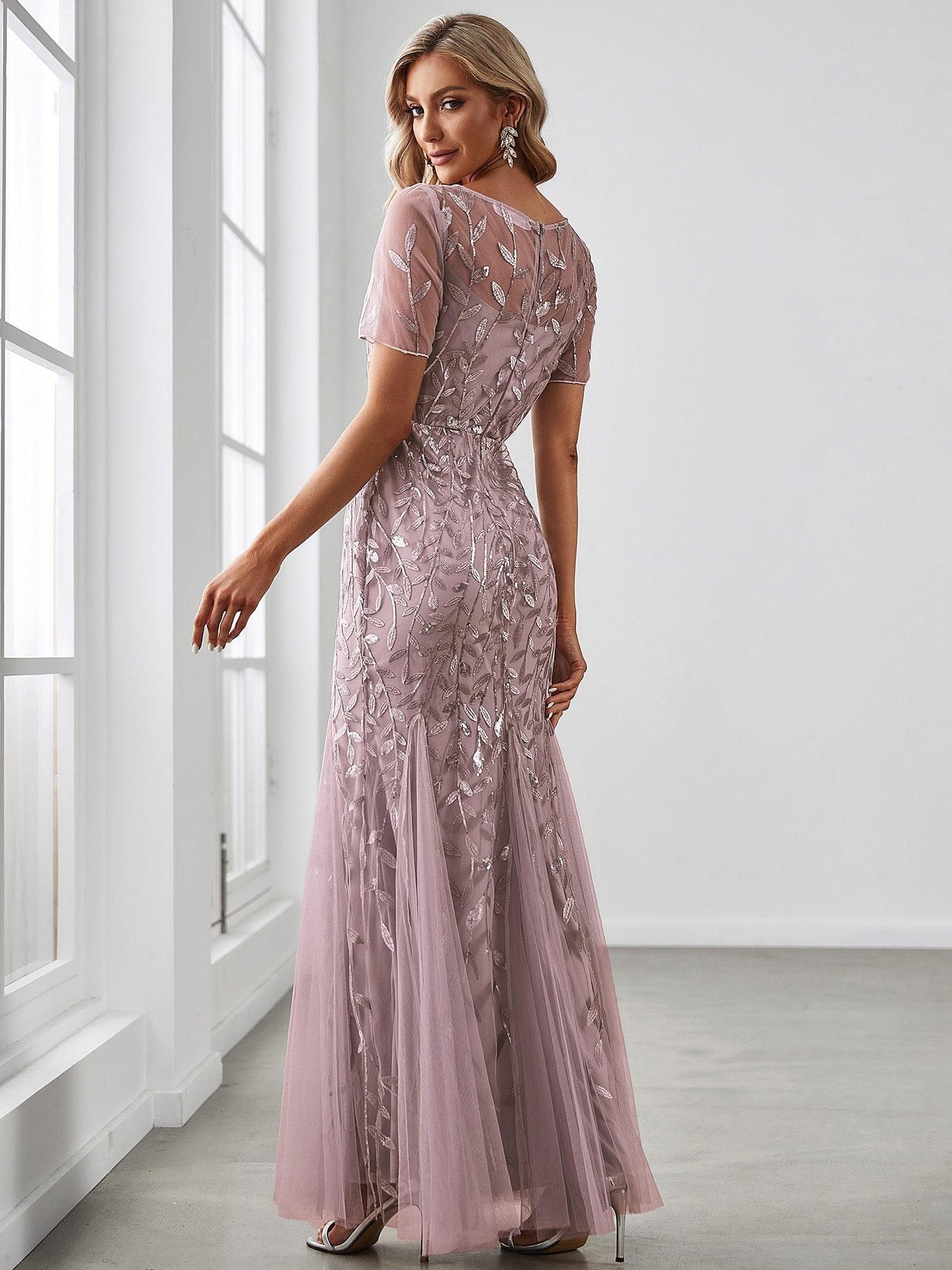 Robes de soirée Longues Sirène en Tulle à Imprimé Floral et Paillettes #Couleur_Lilas