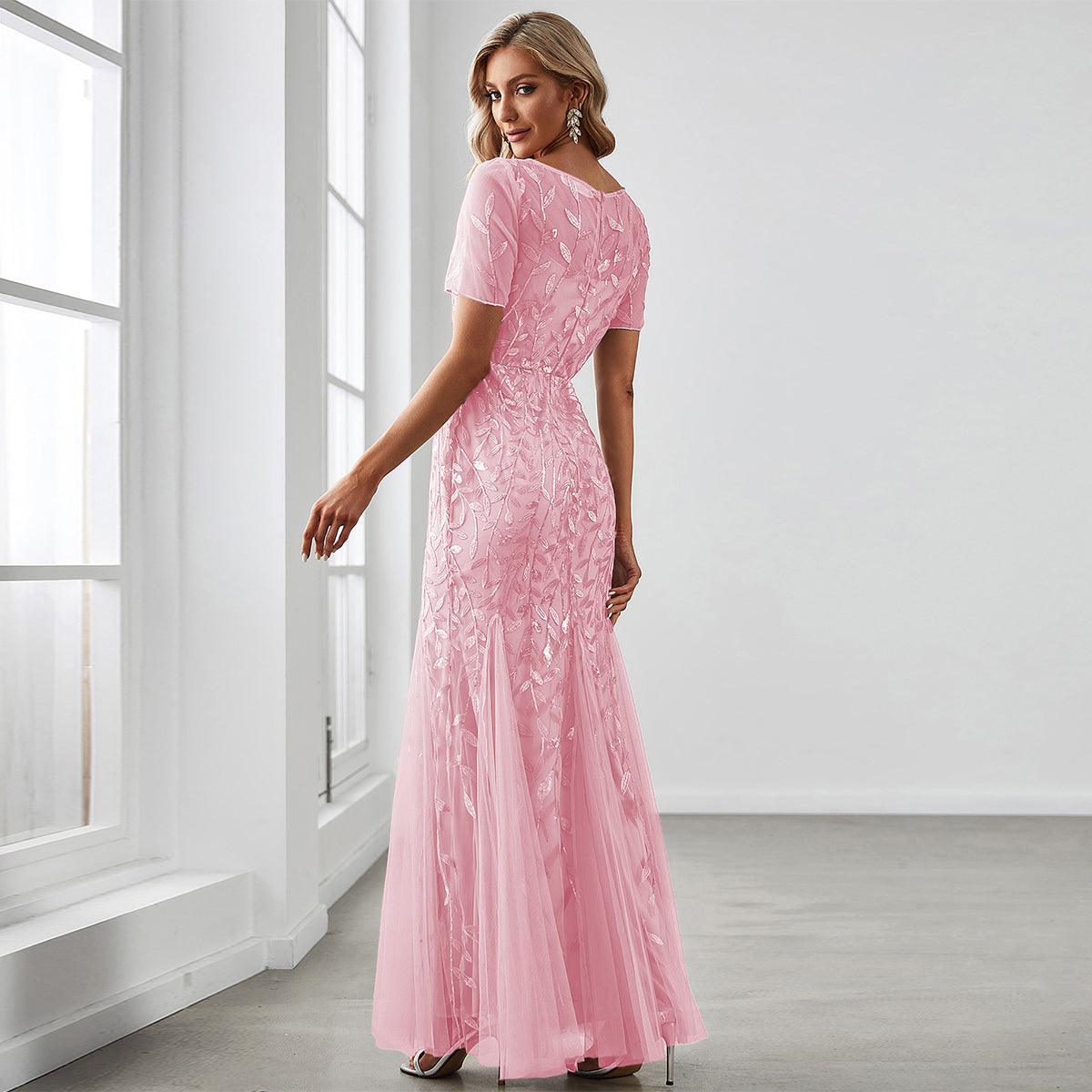 Taille personnalisée robes Longues Sirène en Tulle à Imprimé Floral et Paillettes #couleur_Rose