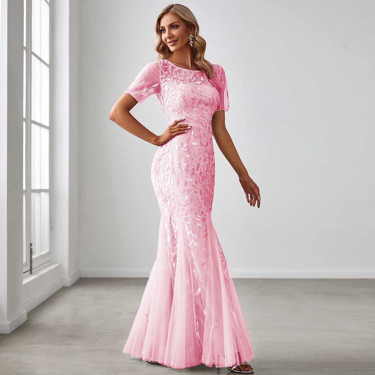 Taille personnalisée robes Longues Sirène en Tulle à Imprimé Floral et Paillettes #couleur_Rose
