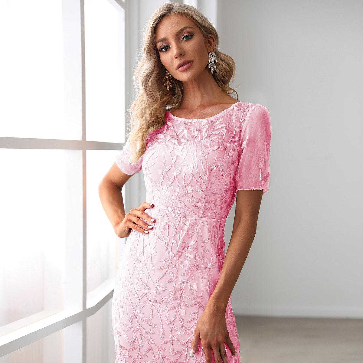 Taille personnalisée robes Longues Sirène en Tulle à Imprimé Floral et Paillettes #couleur_Rose