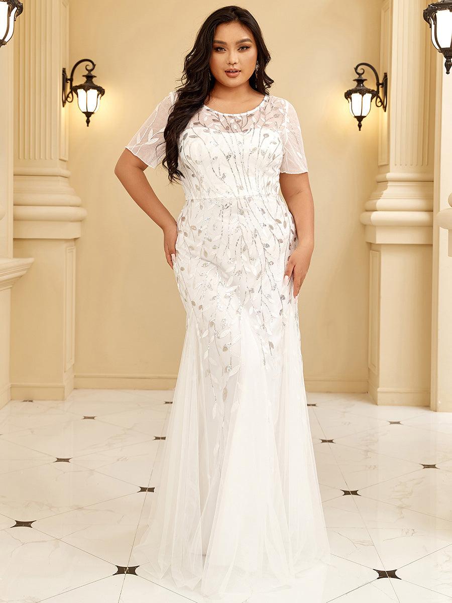 Robe Sirène Grande Taille en Tulle à Imprimé Floral et Paillettes #Couleur_Blanc