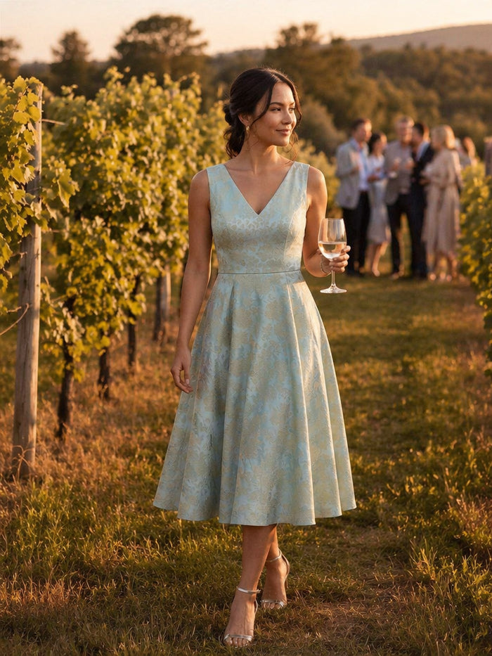 Robe midi A ligne sans manches d¨¦collet¨¦e en V avec d¨¦tails imprim¨¦s #Couleur_Bleu ciel/Or