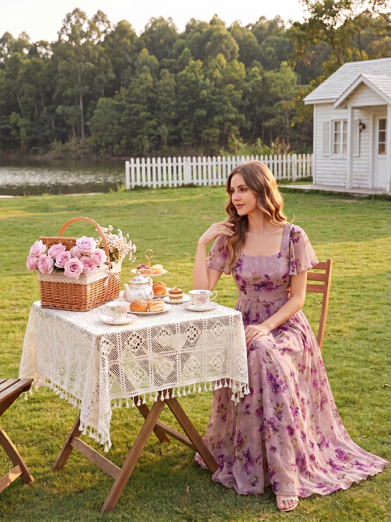 robe longue à manches courtes avec volants dos nu et fronces en forme de A #Couleur_Imprimé Violet Clair
