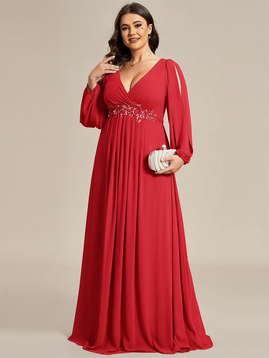 Robe de Soiree Longue Elegante Avec Lanterne en V Profond a Manches Fendues et Appliques #Couleur_Rouge