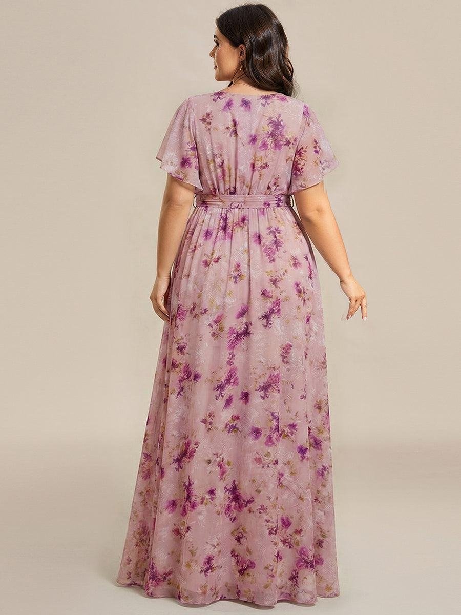 Robe de demoiselle d'honneur en mousseline de soie à encolure en V et à manches #Couleur_Imprimé Violet Clair