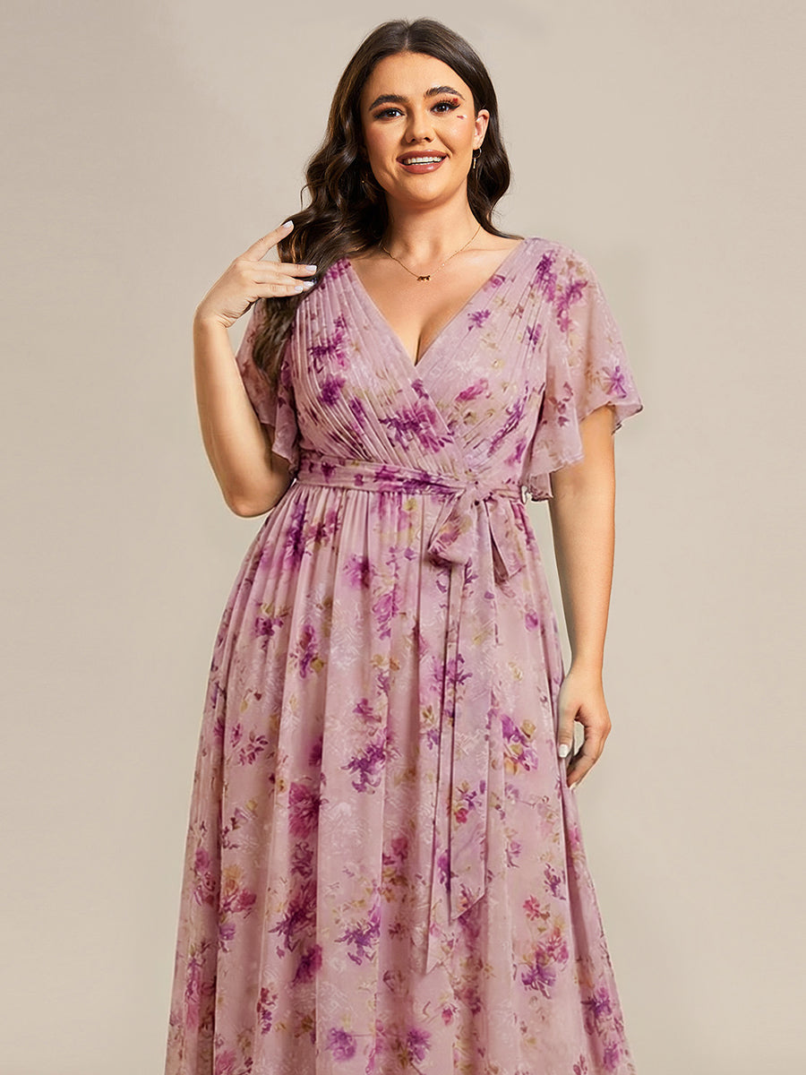 Robe de demoiselle d'honneur en mousseline de soie à encolure en V et à manches #Couleur_Imprimé Violet Clair