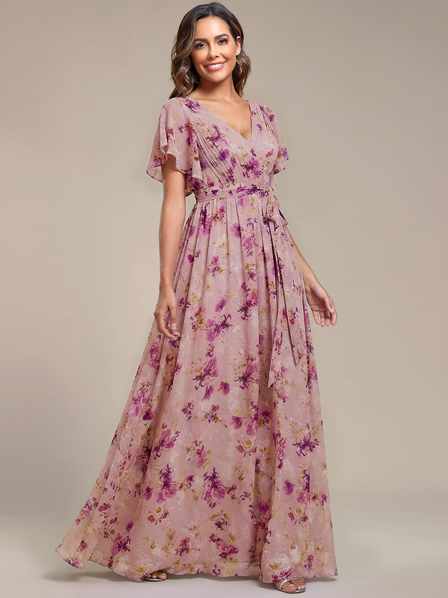 Robe de demoiselle d'honneur en mousseline de soie à encolure en V et à manches #Couleur_Imprimé Violet Clair