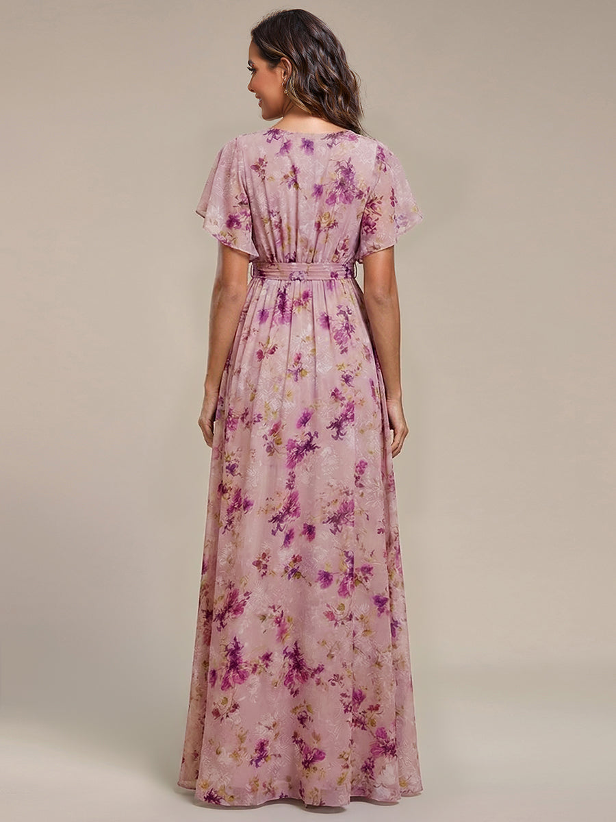 Robe de demoiselle d'honneur en mousseline de soie à encolure en V et à manches #Couleur_Imprimé Violet Clair