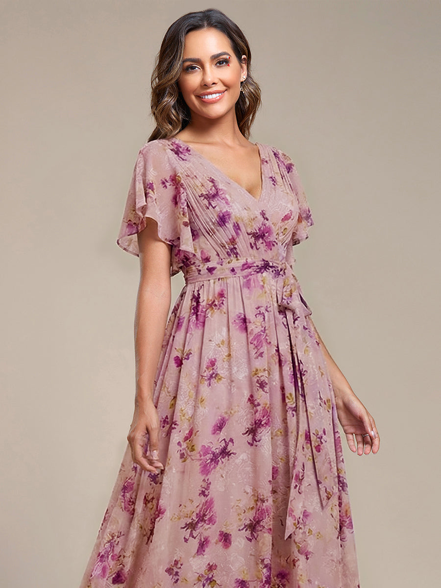 Robe de demoiselle d'honneur en mousseline de soie à encolure en V et à manches #Couleur_Imprimé Violet Clair
