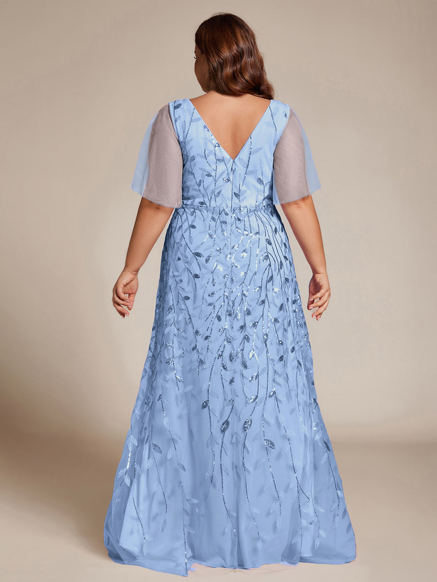 Robes de soirée pailletées à col en V et fente haute #Couleur_Bleu Ciel