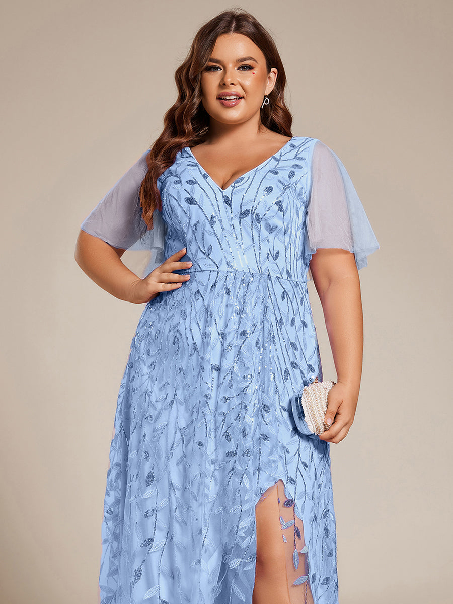 Robes de soirée pailletées à col en V et fente haute #Couleur_Bleu Ciel
