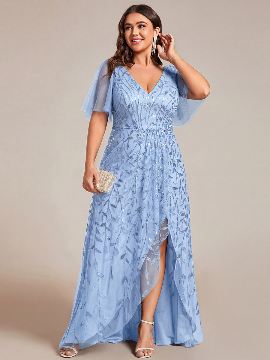 Robes de soirée pailletées à col en V et fente haute #Couleur_Bleu Ciel
