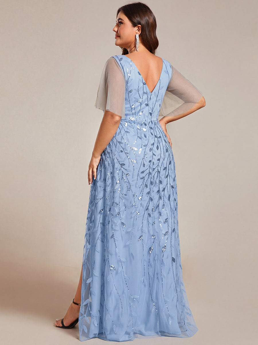 Robes de soirée pailletées à col en V et fente haute #Couleur_Bleu Ciel