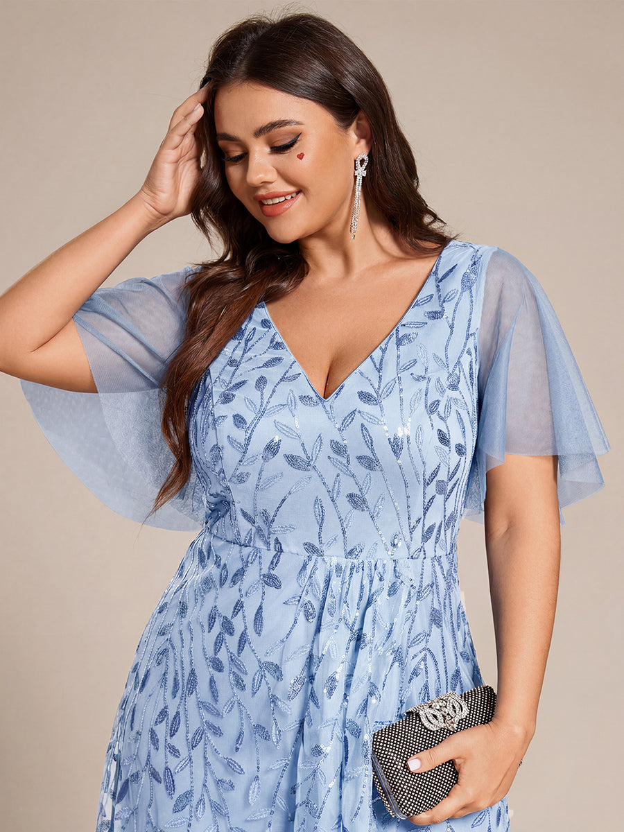 Robes de soirée pailletées à col en V et fente haute #Couleur_Bleu Ciel