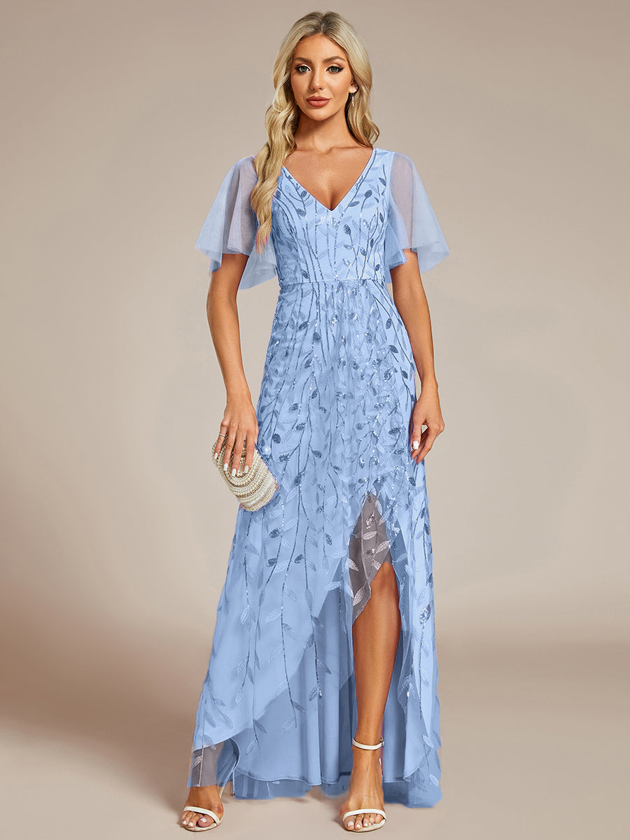 Robes de soirée pailletées à col en V et fente haute #Couleur_Bleu Ciel