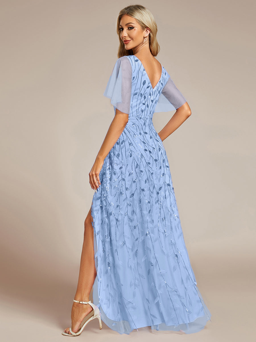 Robes de soirée pailletées à col en V et fente haute #Couleur_Bleu Ciel