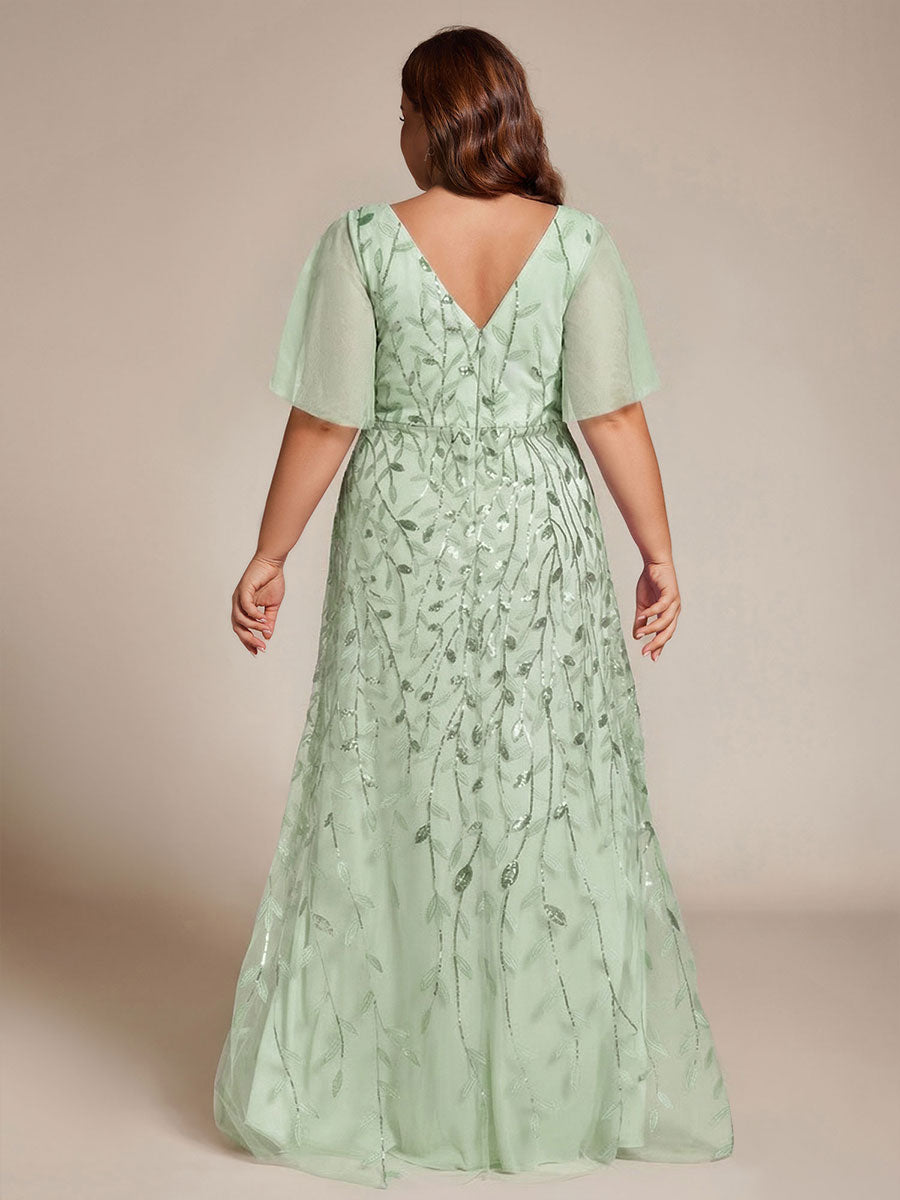 Robes de soirée pailletées à col en V et fente haute #Couleur_Menthe Verte