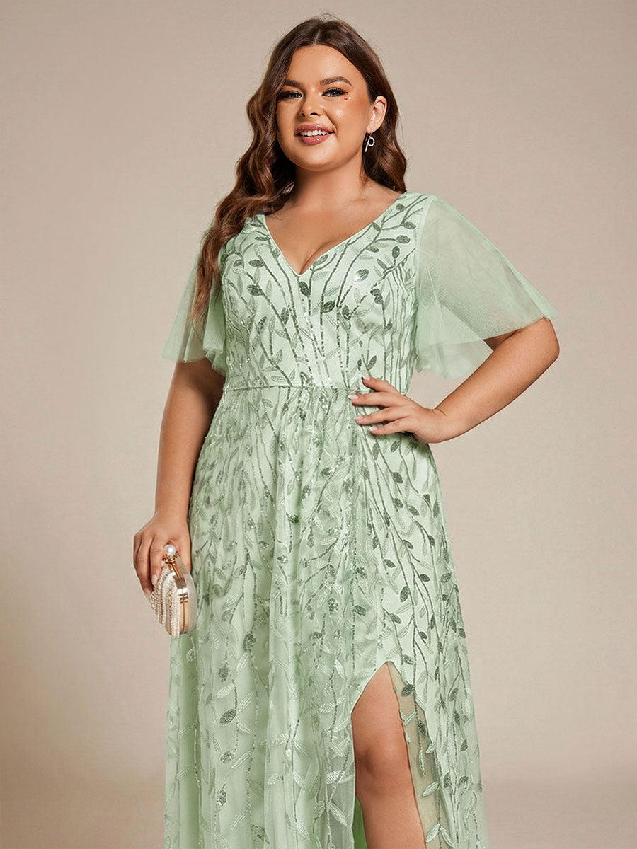 Robes de soirée pailletées à col en V et fente haute #Couleur_Menthe Verte