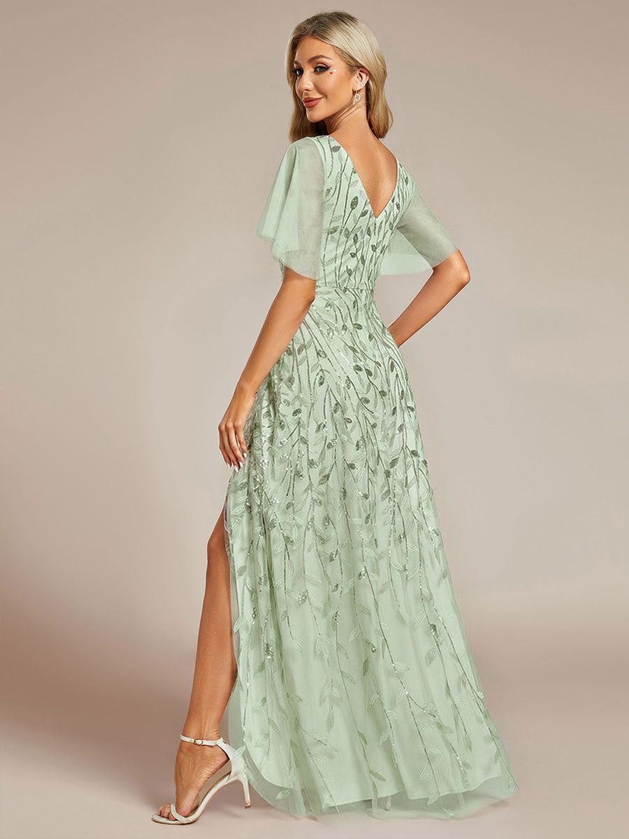 Robes de soirée pailletées à col en V et fente haute #Couleur_Menthe Verte