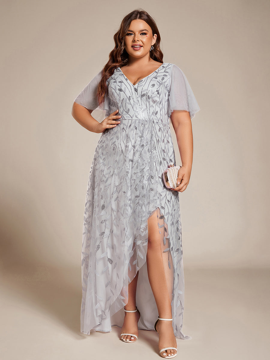 Robes de soirée pailletées à col en V et fente haute #Couleur_Argent
