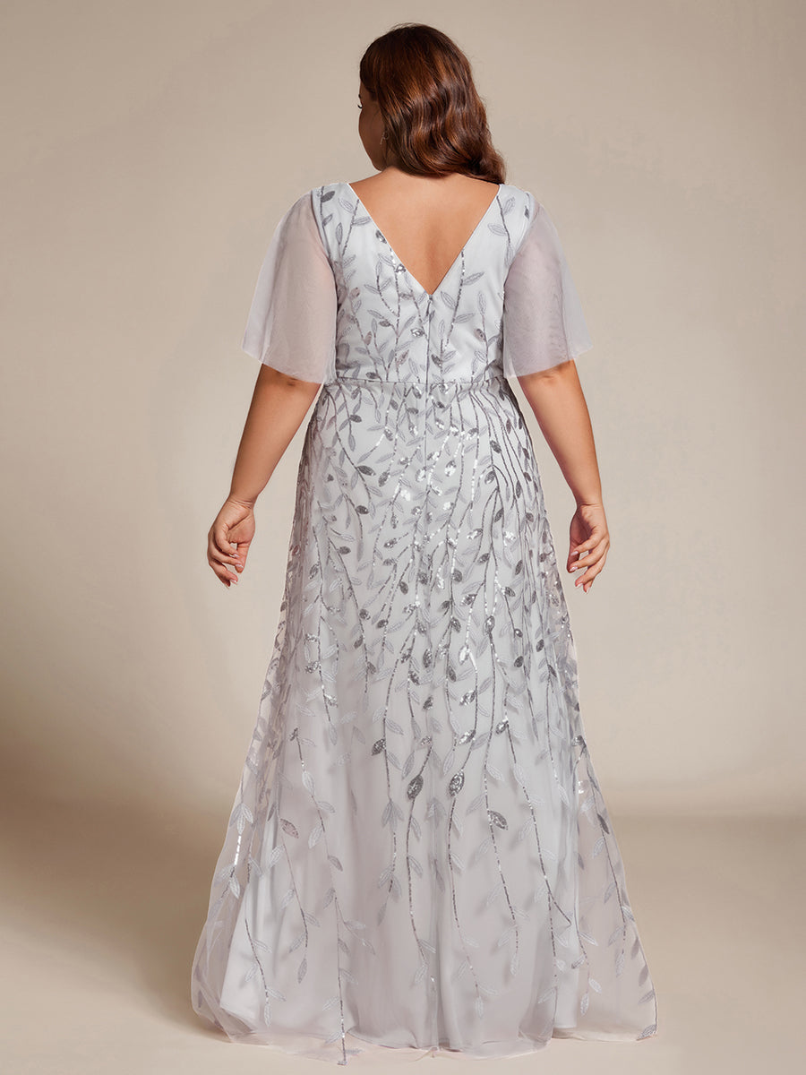 Robes de soirée pailletées à col en V et fente haute #Couleur_Argent